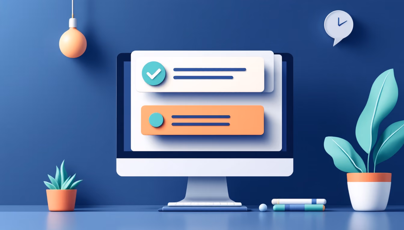 Flat navy illustration of a computer screen showing two answer cards, one marked with a green check mark.