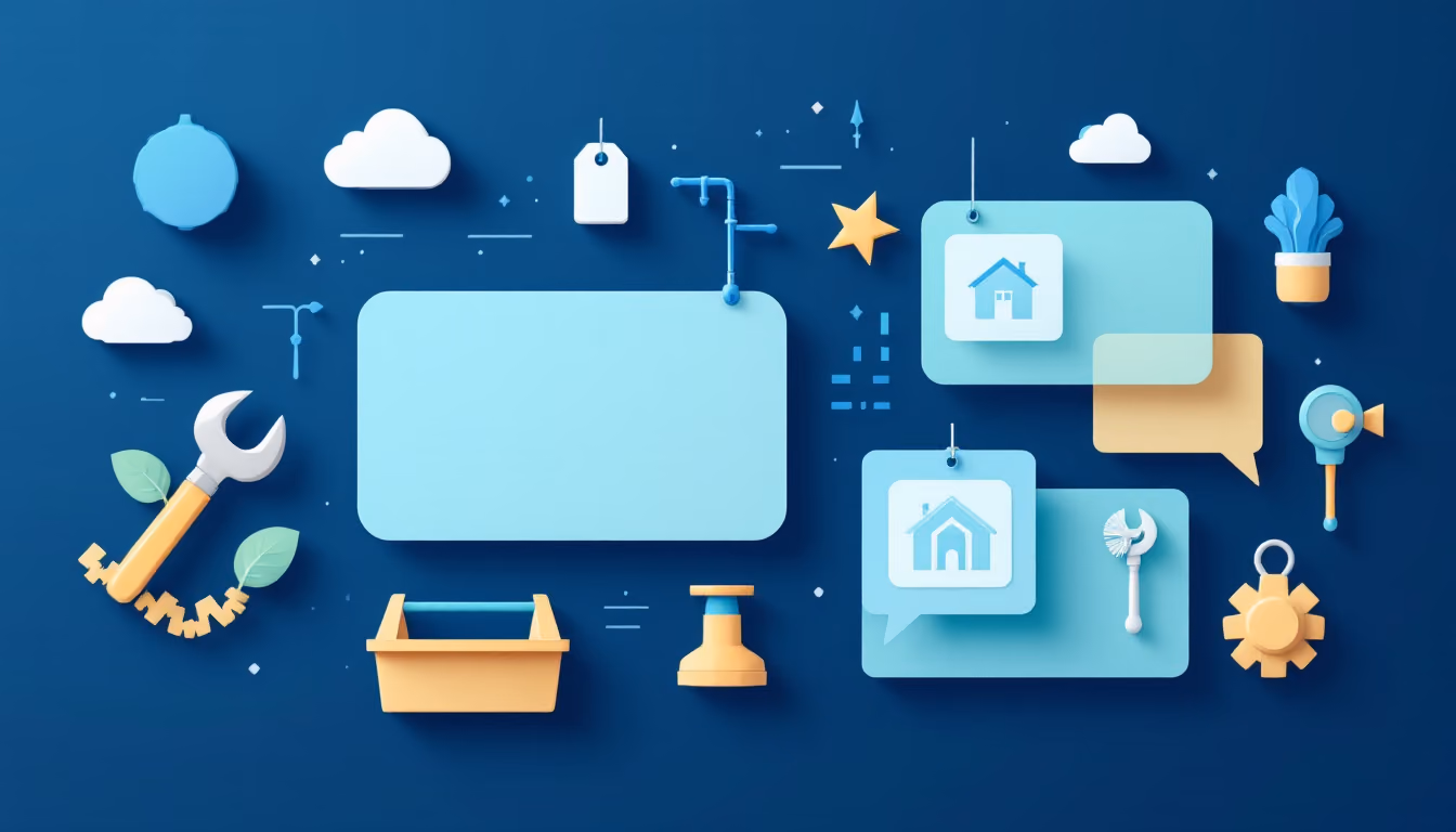 Flat navy illustration of a blank business profile card surrounded by small tags, a wrench, a toolbox and a house icon.