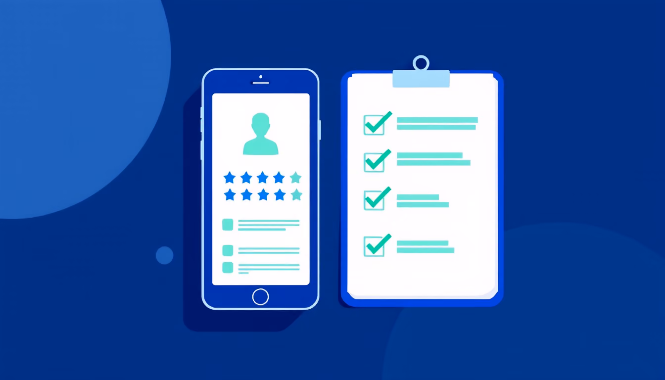 Flat navy illustration of a phone showing a business profile with star ratings beside a clipboard checklist with green check marks.