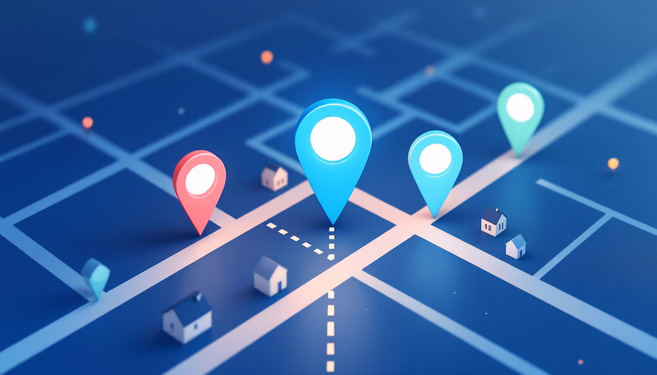 Flat navy illustration of a street map at night with three large location pins standing out above small houses.
