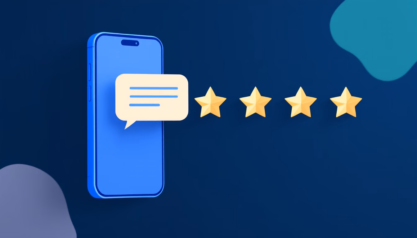 Flat navy illustration of a phone receiving a message bubble beside a row of gold stars.