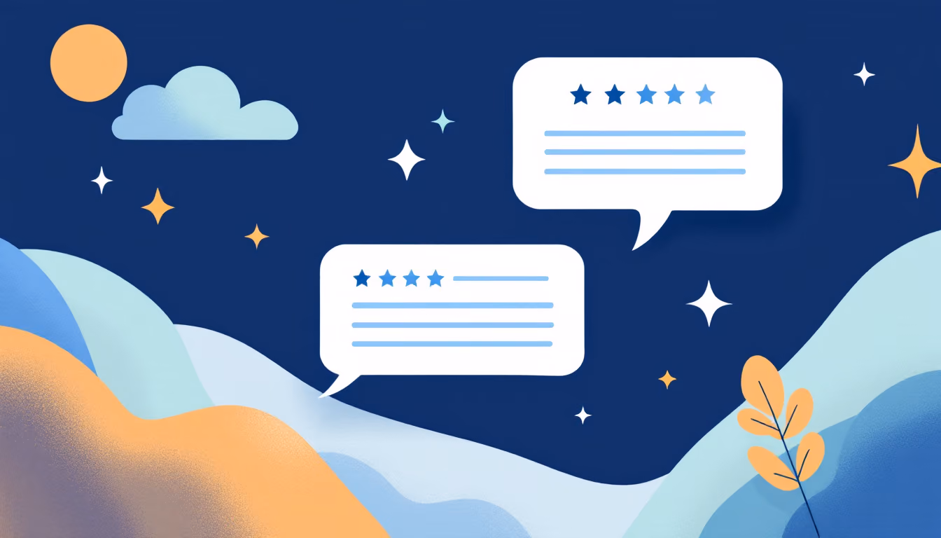 Flat navy illustration of a star-rated review bubble and a reply bubble floating above soft hills.