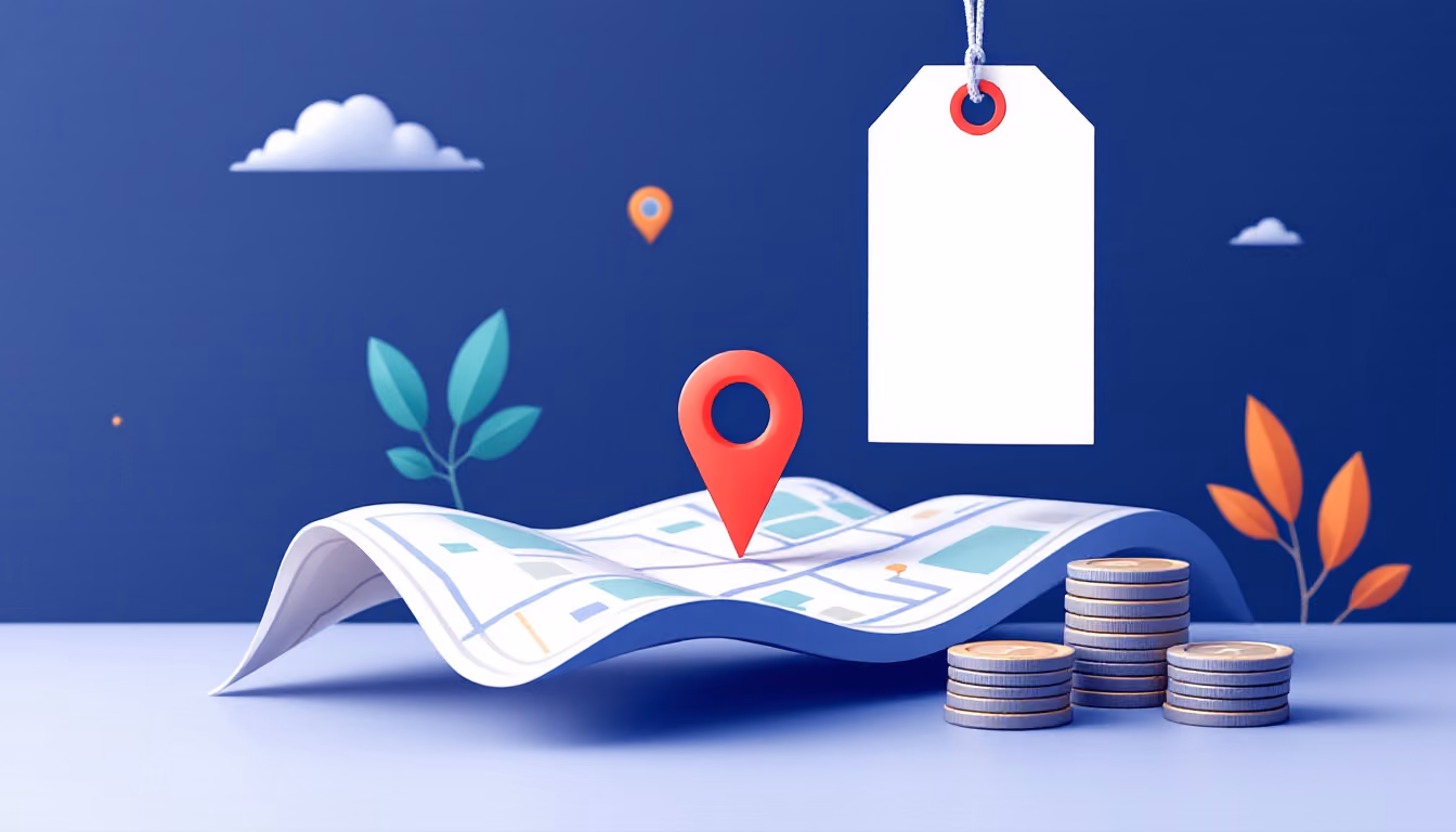 Flat navy illustration of a blank price tag above a folded street map with a red location pin and stacks of coins.