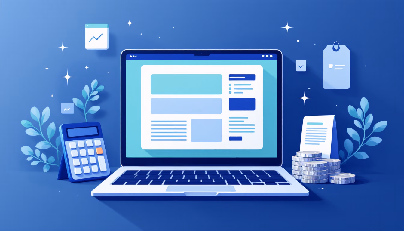 Flat navy illustration of a laptop with a simple website layout beside a calculator and a stack of coins.