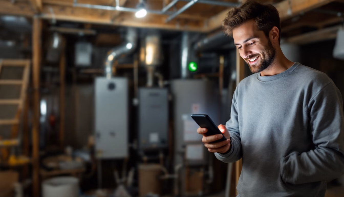 A homeowner in a basement next to the furnace, smiling at his phone as he calls a heating company.